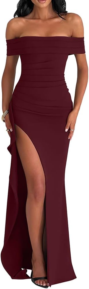 LAGSHIAN Women's Off Shoulder Sleeveless High Split Long Dress | Elegant Bodycon Ruched Formal Evening Maxi Dresses,Slim Fit,Stretchy,Cocktail Party,Wedding Guest