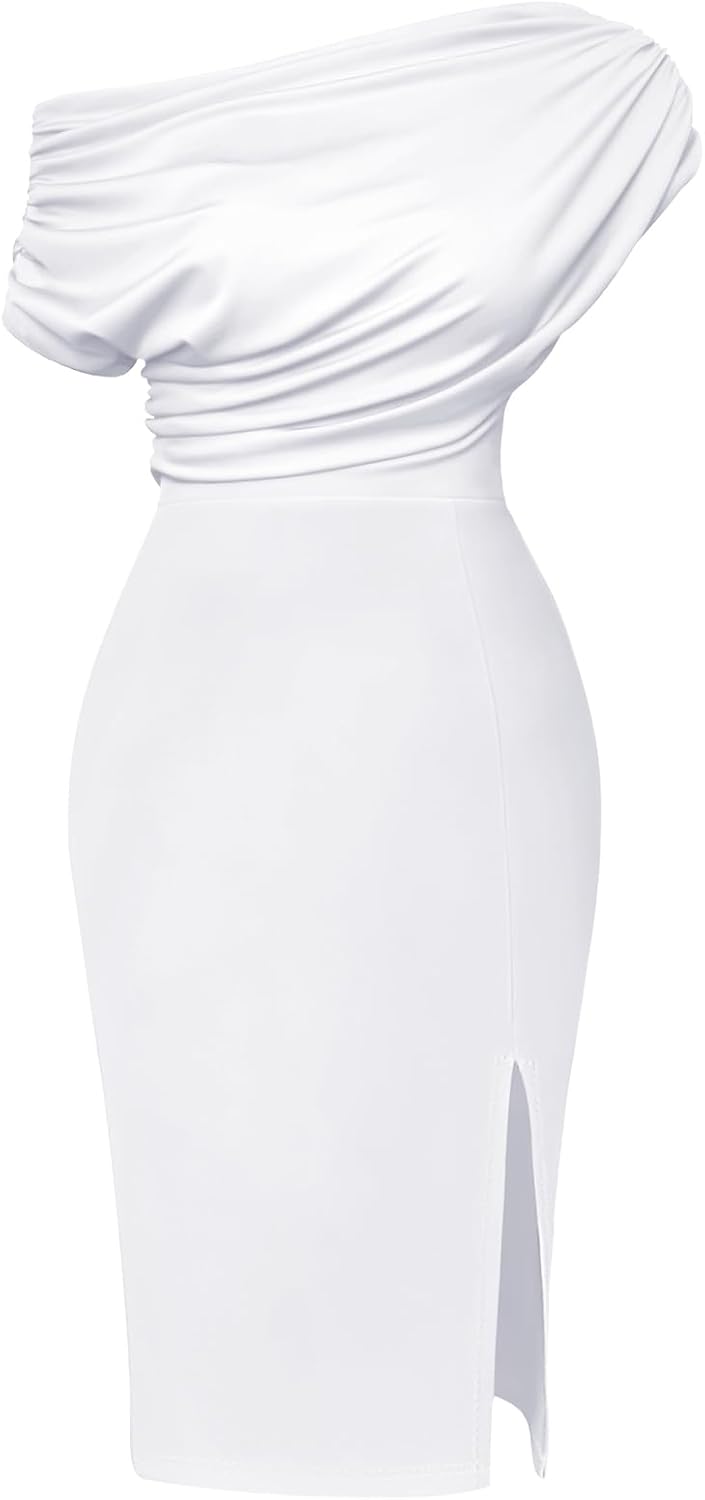 Memoriesea Women's Elegant Off Shoulder Split Hem Bodycon Ruched Midi Club Party Dress