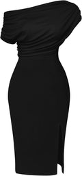 Memoriesea Women's Elegant Off Shoulder Split Hem Bodycon Ruched Midi Club Party Dress