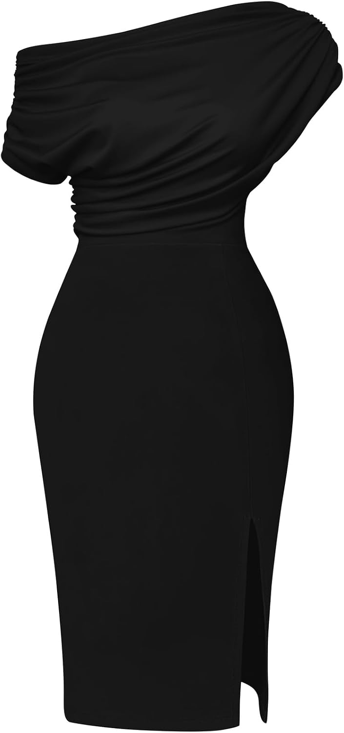 Memoriesea Women's Elegant Off Shoulder Split Hem Bodycon Ruched Midi Club Party Dress