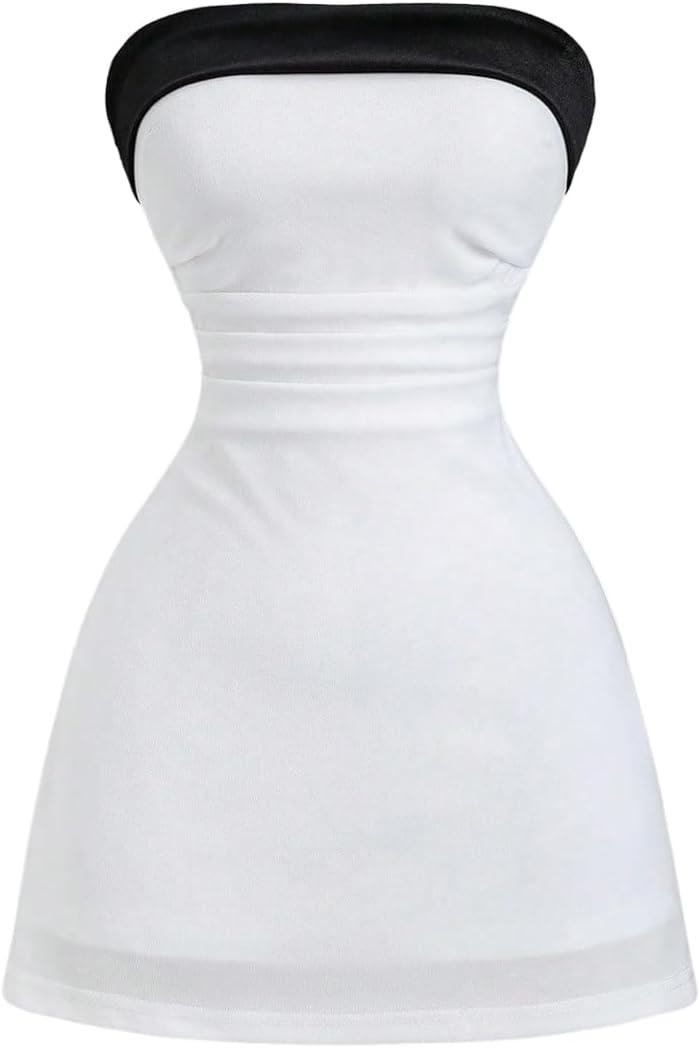 GORGLITTER Women's Strapless Tube Mini Dress Cocktail Cute Prom Party Dress | Wedding Guest Dresses for Summer, Sundresses, Sun Dress for Women, Backless, Bandeau,Color Block