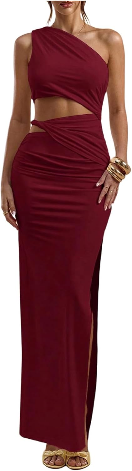 Floerns Women's One Shoulder Cutout Bodycon Maxi Wedding Guest Dress | Sleeveless, Split, Asymmetrical, Runched, Solid Color, Going Out, Cocktail, Party, Night Out Dresses