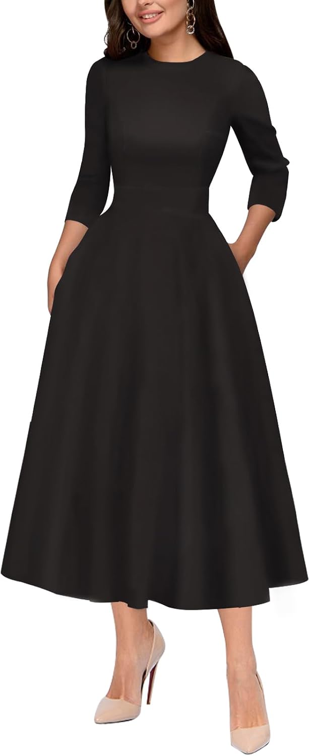 Simple Flavor Women's Vintage 1950s Cocktail Midi Dress | Sleeveless, Cotton, Boat neck, Retro tea length, Fit and flare a-line swing, Tea party derby church dress with pockets