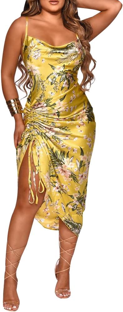 Women's Spaghetti Strap Satin Dress Sexy Backless Drawstring Ruched Split Hem Cocktail Evening Party
