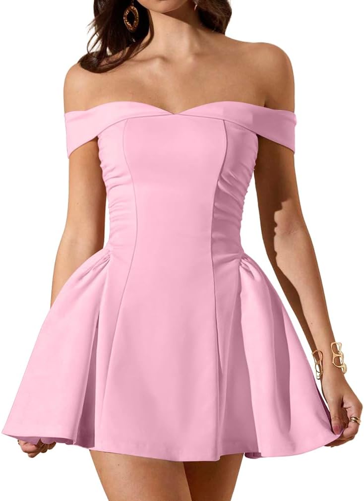 LAGSHIAN Women's Summer Sleeveless Off Shoulder A-line Mini Dress | Classy Cocktail Party Fit and Flare Short Dress,Zipper Back,Waist Ruched,Stretchy,Homecoming