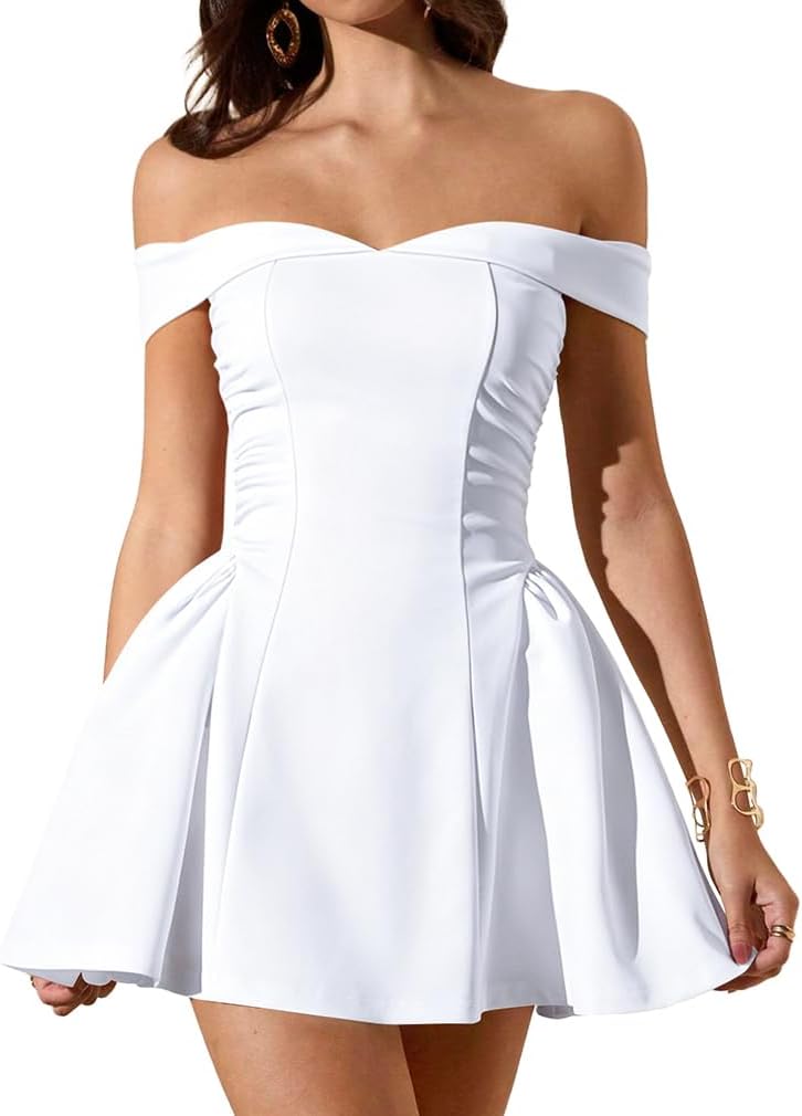 LAGSHIAN Women's Summer Sleeveless Off Shoulder A-line Mini Dress | Classy Cocktail Party Fit and Flare Short Dress,Zipper Back,Waist Ruched,Stretchy,Homecoming