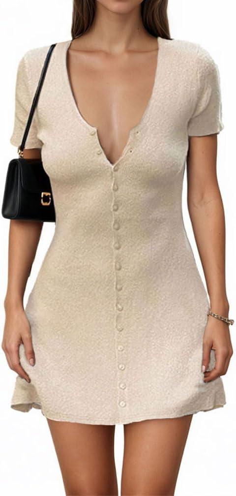 GCZREN Women Sexy Deep V Neck Button Front Knit Mini Dress Elegant Short Sleeve Ribbed Flowy Hem A-Line Short Dress