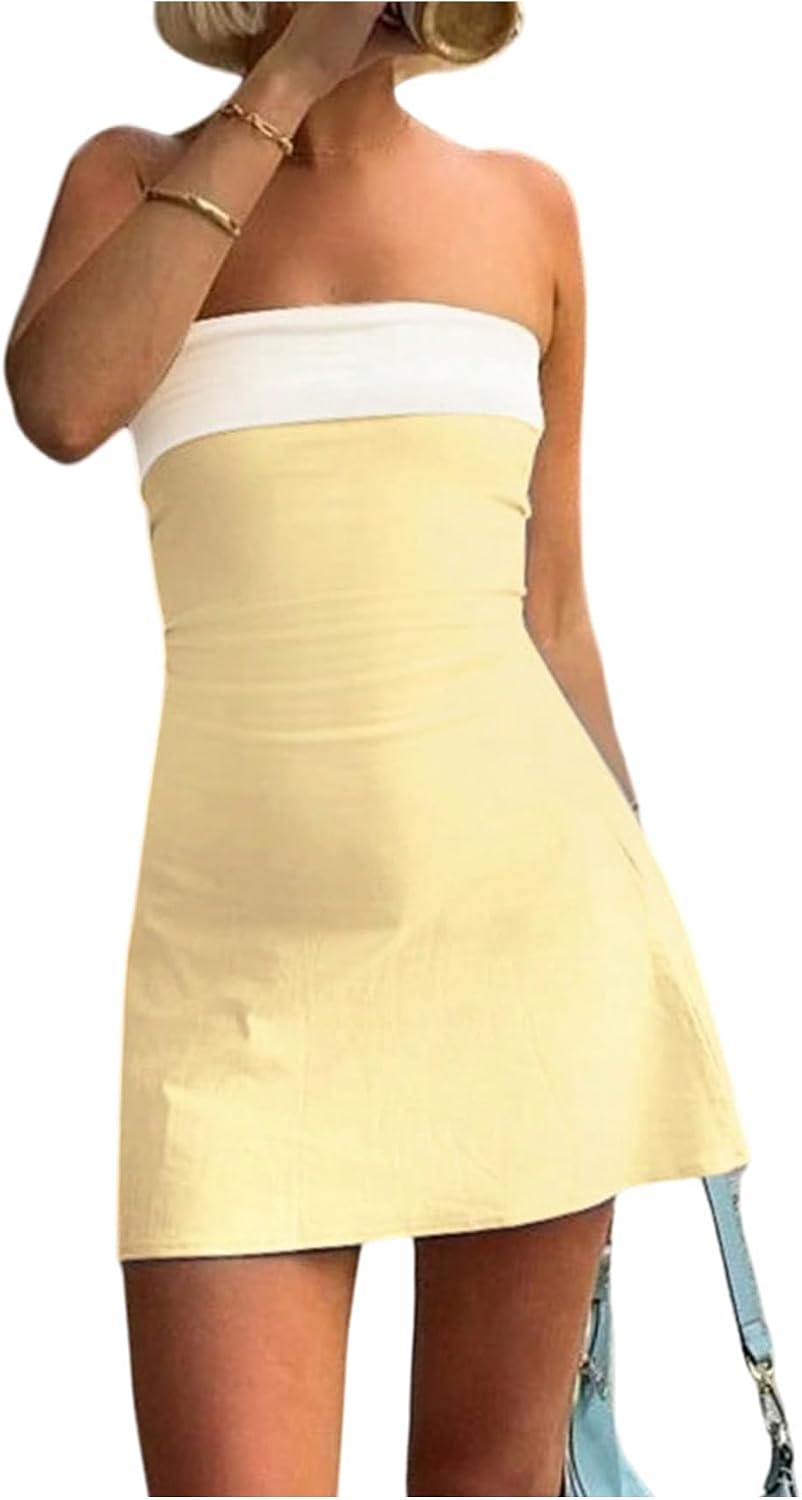GORGLITTER Women's Strapless Tube Mini Dress Cocktail Cute Prom Party Dress | Wedding Guest Dresses for Summer, Sundresses, Sun Dress for Women, Backless, Bandeau,Color Block