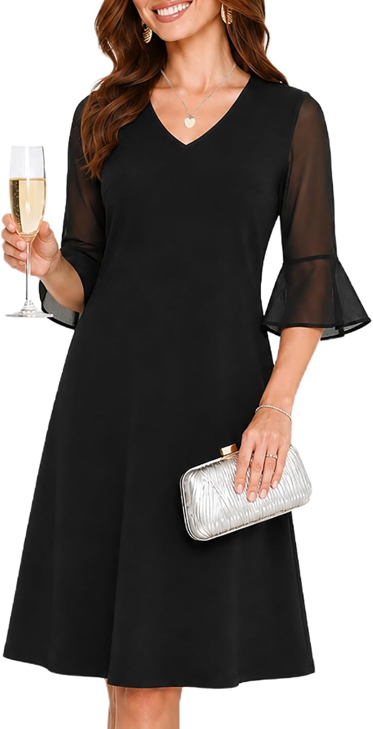 oten Women's Chiffon Wedding Guest Formal Cocktial Dinner Short Party Dress | Chiffon Half Bell Sleeve, V Neck, A-Line,Knee Length, Tummy-Flattering Fit, Short Cocktail Dress,Elegant Party Dress