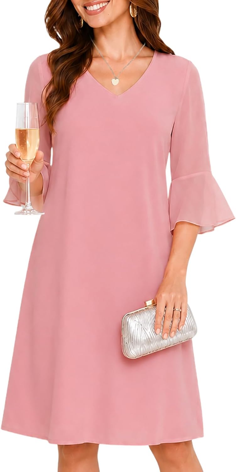 oten Women's Chiffon Wedding Guest Formal Cocktial Dinner Short Party Dress | Chiffon Half Bell Sleeve, V Neck, A-Line,Knee Length, Tummy-Flattering Fit, Short Cocktail Dress,Elegant Party Dress