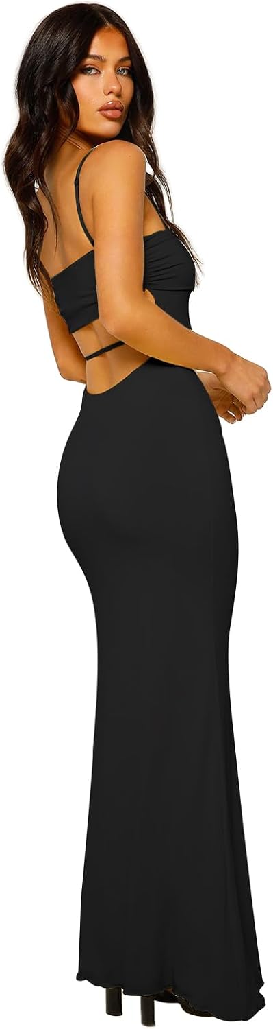 VANCOL Women's Cutout Backless Maxi Dress Sexy Sleeveless Tight Slip Spaghetti Strap Long Dresses