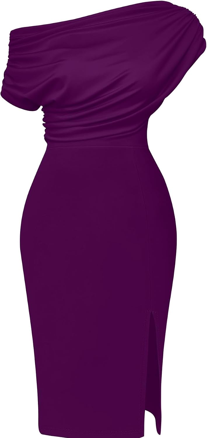 Memoriesea Women's Elegant Off Shoulder Split Hem Bodycon Ruched Midi Club Party Dress