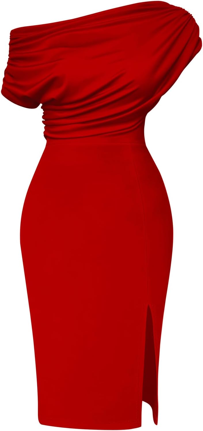 Memoriesea Women's Elegant Off Shoulder Split Hem Bodycon Ruched Midi Club Party Dress