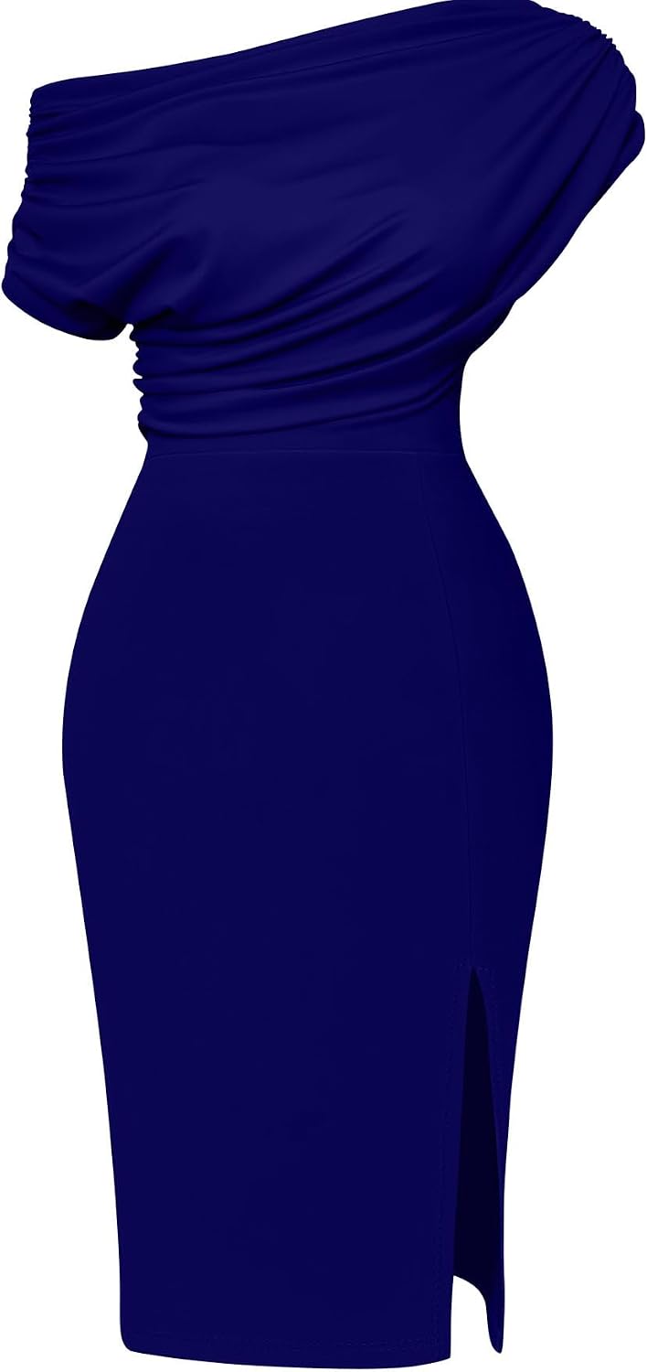 Memoriesea Women's Elegant Off Shoulder Split Hem Bodycon Ruched Midi Club Party Dress