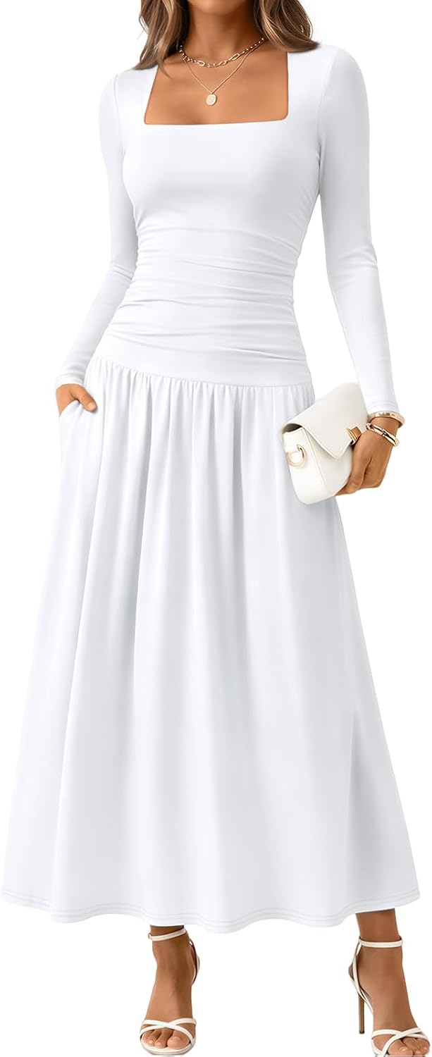 Trendy Queen Womens Fall Long Sleeve Wedding Guest Dresses with Pockets | 2026 Modest Winter Fashion, Elegant Flowy Drop Waist Maxi Dress, Classic Polka Dot, Formal Evening Cocktail Party Outfits