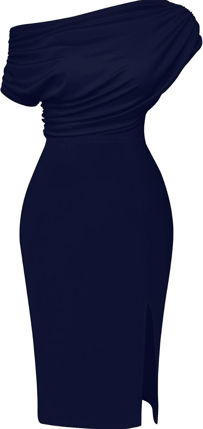 Memoriesea Women's Elegant Off Shoulder Split Hem Bodycon Ruched Midi Club Party Dress