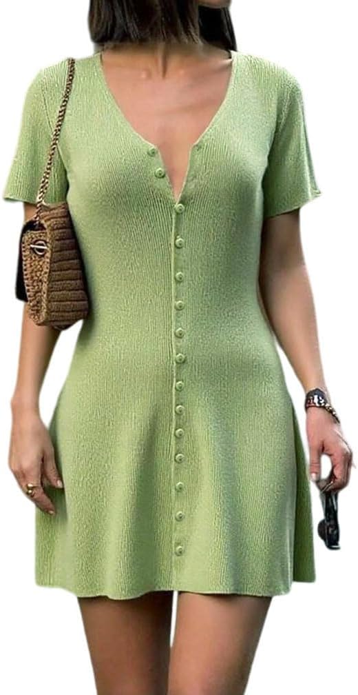 GCZREN Women Sexy Deep V Neck Button Front Knit Mini Dress Elegant Short Sleeve Ribbed Flowy Hem A-Line Short Dress