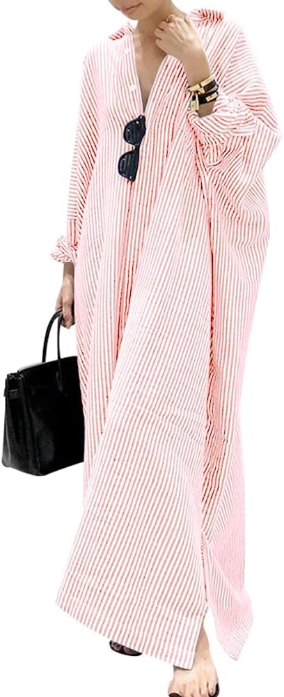 chouyatou Women's Casual Long Sleeve Button Down Loose Striped Cotton Maxi Shirt Dress