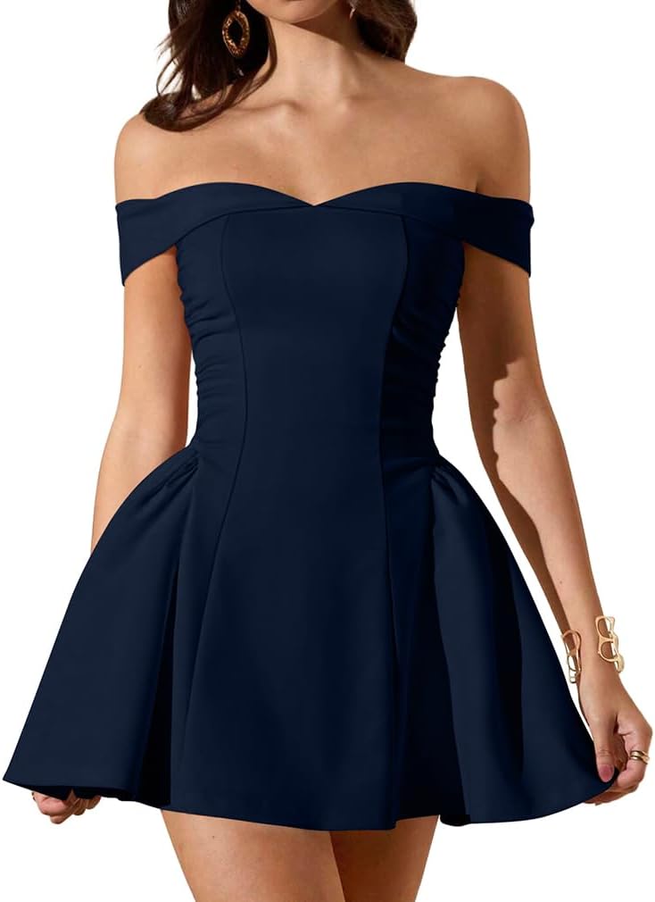 LAGSHIAN Women's Summer Sleeveless Off Shoulder A-line Mini Dress | Classy Cocktail Party Fit and Flare Short Dress,Zipper Back,Waist Ruched,Stretchy,Homecoming