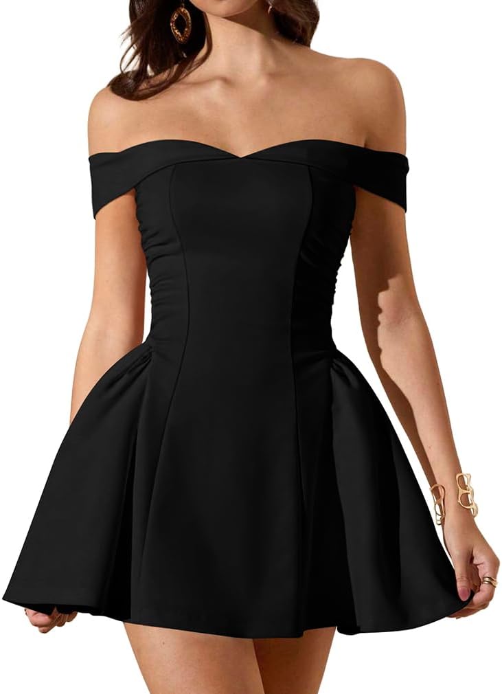 LAGSHIAN Women's Summer Sleeveless Off Shoulder A-line Mini Dress | Classy Cocktail Party Fit and Flare Short Dress,Zipper Back,Waist Ruched,Stretchy,Homecoming