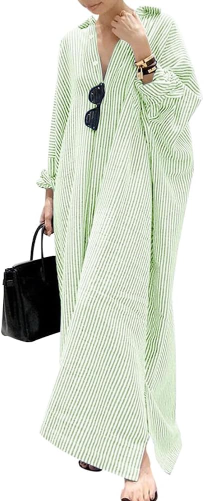 chouyatou Women's Casual Long Sleeve Button Down Loose Striped Cotton Maxi Shirt Dress