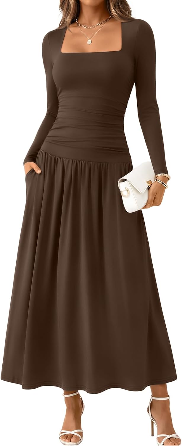 Trendy Queen Womens Fall Long Sleeve Wedding Guest Dresses with Pockets | 2026 Modest Winter Fashion, Elegant Flowy Drop Waist Maxi Dress, Classic Polka Dot, Formal Evening Cocktail Party Outfits
