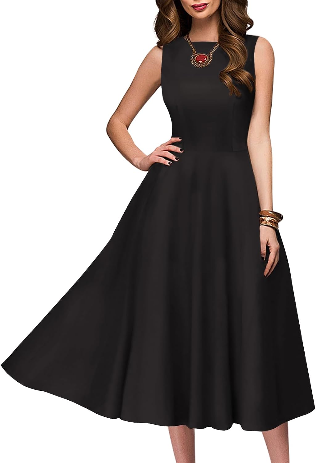 Simple Flavor Women's Vintage 1950s Cocktail Midi Dress | Sleeveless, Cotton, Boat neck, Retro tea length, Fit and flare a-line swing, Tea party derby church dress with pockets