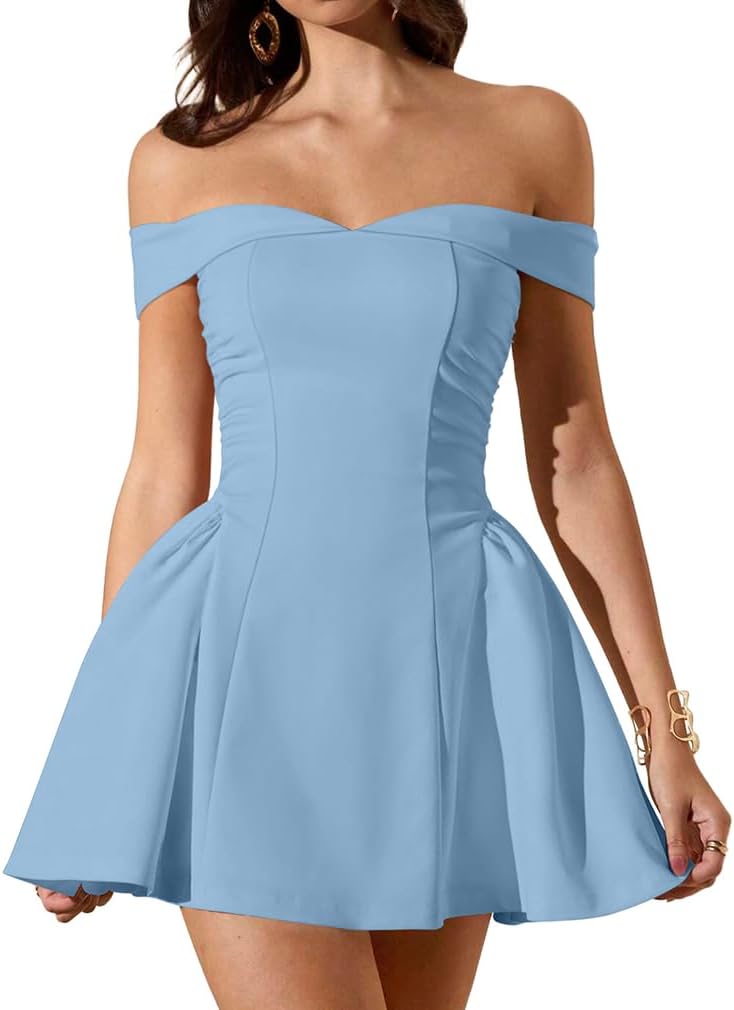 LAGSHIAN Women's Summer Sleeveless Off Shoulder A-line Mini Dress | Classy Cocktail Party Fit and Flare Short Dress,Zipper Back,Waist Ruched,Stretchy,Homecoming