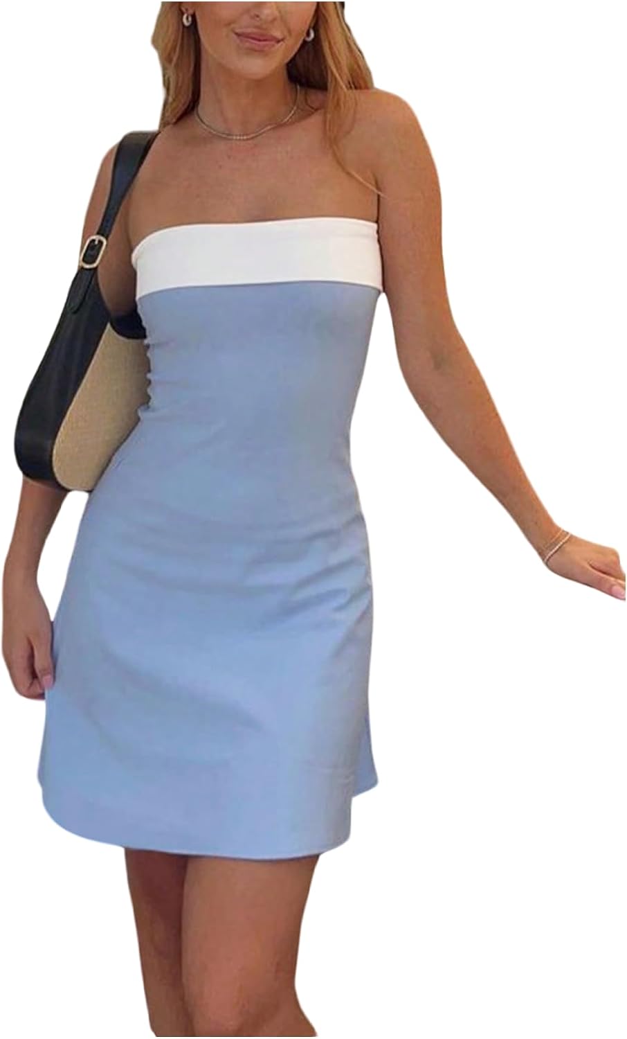 GORGLITTER Women's Strapless Tube Mini Dress Cocktail Cute Prom Party Dress | Wedding Guest Dresses for Summer, Sundresses, Sun Dress for Women, Backless, Bandeau,Color Block