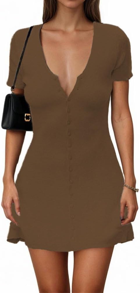 GCZREN Women Sexy Deep V Neck Button Front Knit Mini Dress Elegant Short Sleeve Ribbed Flowy Hem A-Line Short Dress