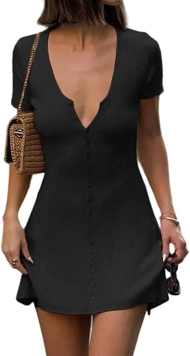 GCZREN Women Sexy Deep V Neck Button Front Knit Mini Dress Elegant Short Sleeve Ribbed Flowy Hem A-Line Short Dress