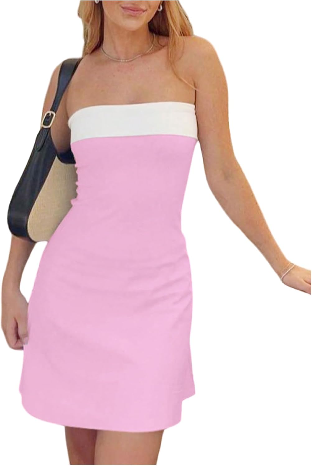 GORGLITTER Women's Strapless Tube Mini Dress Cocktail Cute Prom Party Dress | Wedding Guest Dresses for Summer, Sundresses, Sun Dress for Women, Backless, Bandeau,Color Block