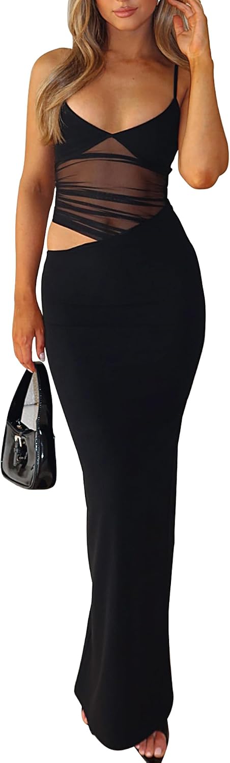 BORIFLORS Women's Sexy Bodycon V Neck Spaghetti Strap Maxi Dress | Elegant Fancy, Cocktail Vacation Party, Long Dresses