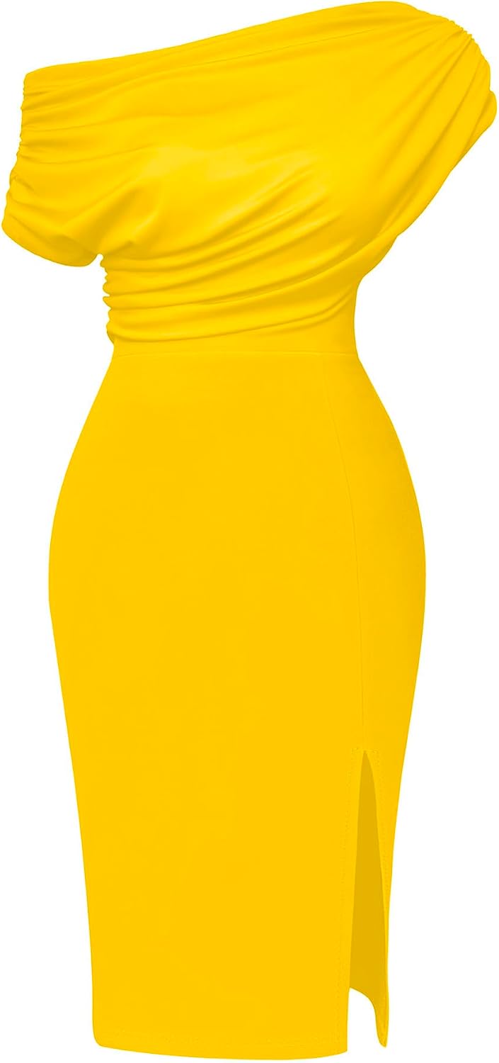 Memoriesea Women's Elegant Off Shoulder Split Hem Bodycon Ruched Midi Club Party Dress