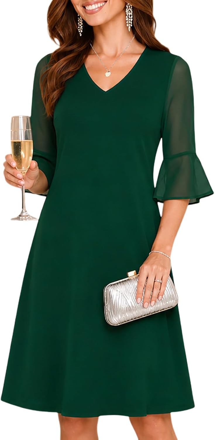 oten Women's Chiffon Wedding Guest Formal Cocktial Dinner Short Party Dress | Chiffon Half Bell Sleeve, V Neck, A-Line,Knee Length, Tummy-Flattering Fit, Short Cocktail Dress,Elegant Party Dress