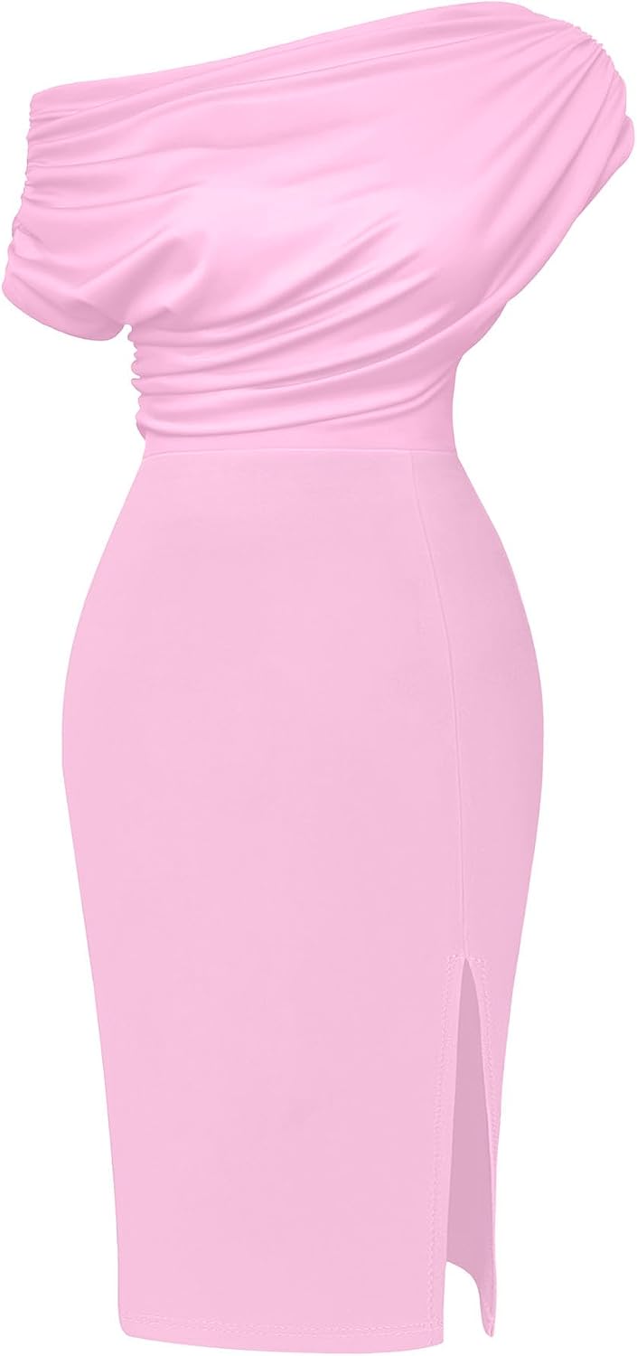 Memoriesea Women's Elegant Off Shoulder Split Hem Bodycon Ruched Midi Club Party Dress
