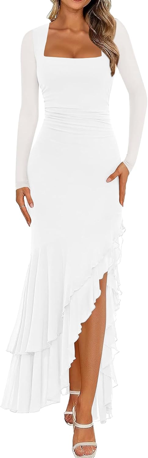 BORIFLORS Women's Bodycon Fall Wedding Guest Long Sleeve Maxi Dress | Mermaid Ruffle, Square Neck, Ruched Mesh,Winter, Elegant, Cocktail Formal Long Dresses