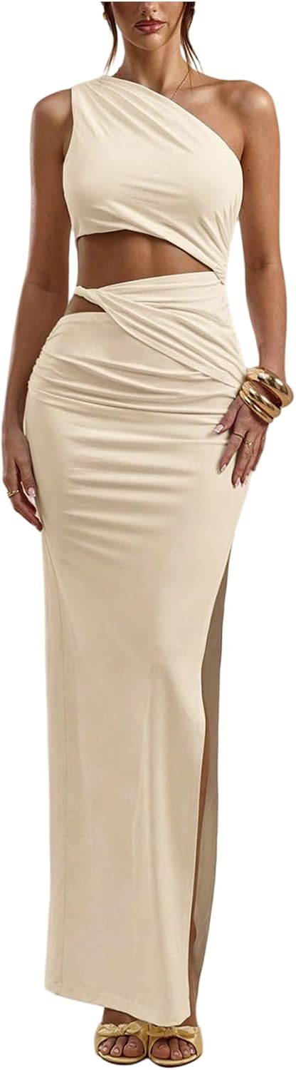Floerns Women's One Shoulder Cutout Bodycon Maxi Wedding Guest Dress | Sleeveless, Split, Asymmetrical, Runched, Solid Color, Going Out, Cocktail, Party, Night Out Dresses
