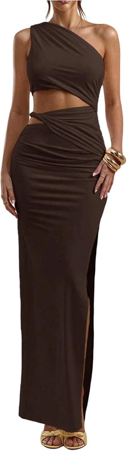 Floerns Women's One Shoulder Cutout Bodycon Maxi Wedding Guest Dress | Sleeveless, Split, Asymmetrical, Runched, Solid Color, Going Out, Cocktail, Party, Night Out Dresses