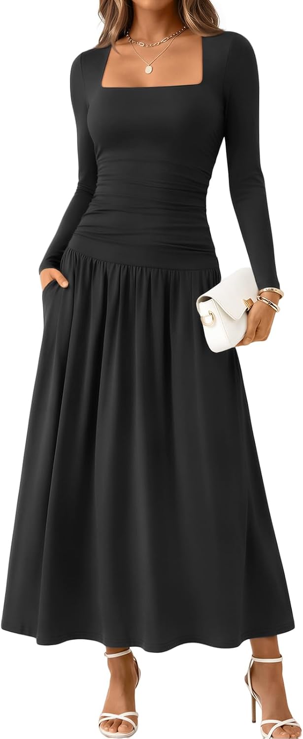 Trendy Queen Womens Fall Long Sleeve Wedding Guest Dresses with Pockets | 2026 Modest Winter Fashion, Elegant Flowy Drop Waist Maxi Dress, Classic Polka Dot, Formal Evening Cocktail Party Outfits