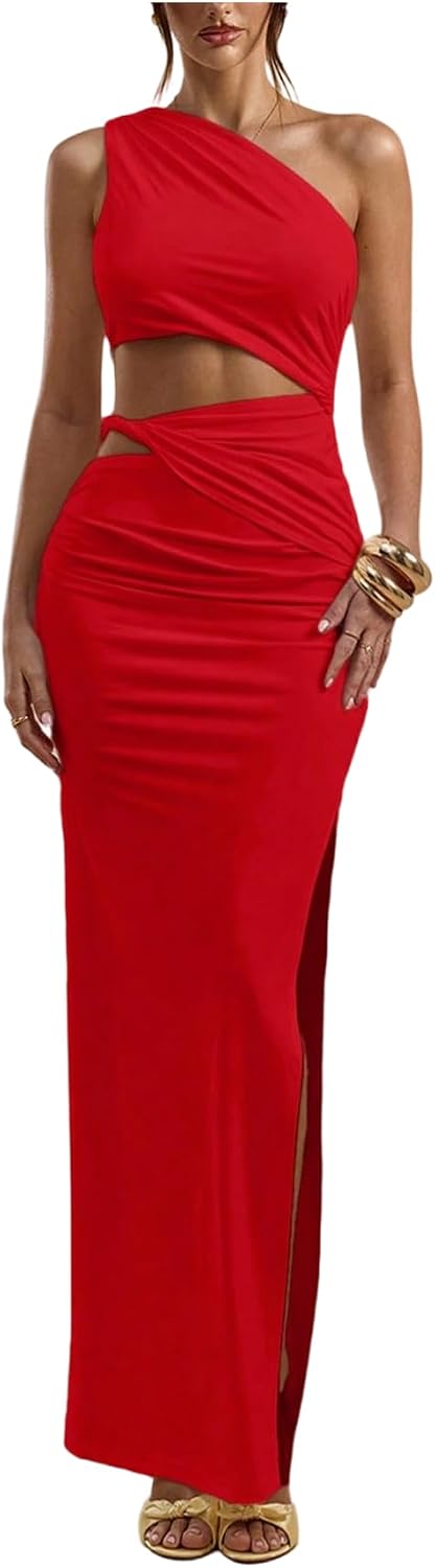 Floerns Women's One Shoulder Cutout Bodycon Maxi Wedding Guest Dress | Sleeveless, Split, Asymmetrical, Runched, Solid Color, Going Out, Cocktail, Party, Night Out Dresses