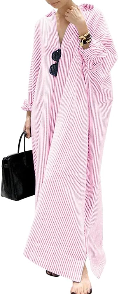 chouyatou Women's Casual Long Sleeve Button Down Loose Striped Cotton Maxi Shirt Dress