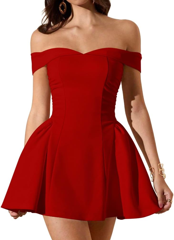 LAGSHIAN Women's Summer Sleeveless Off Shoulder A-line Mini Dress | Classy Cocktail Party Fit and Flare Short Dress,Zipper Back,Waist Ruched,Stretchy,Homecoming
