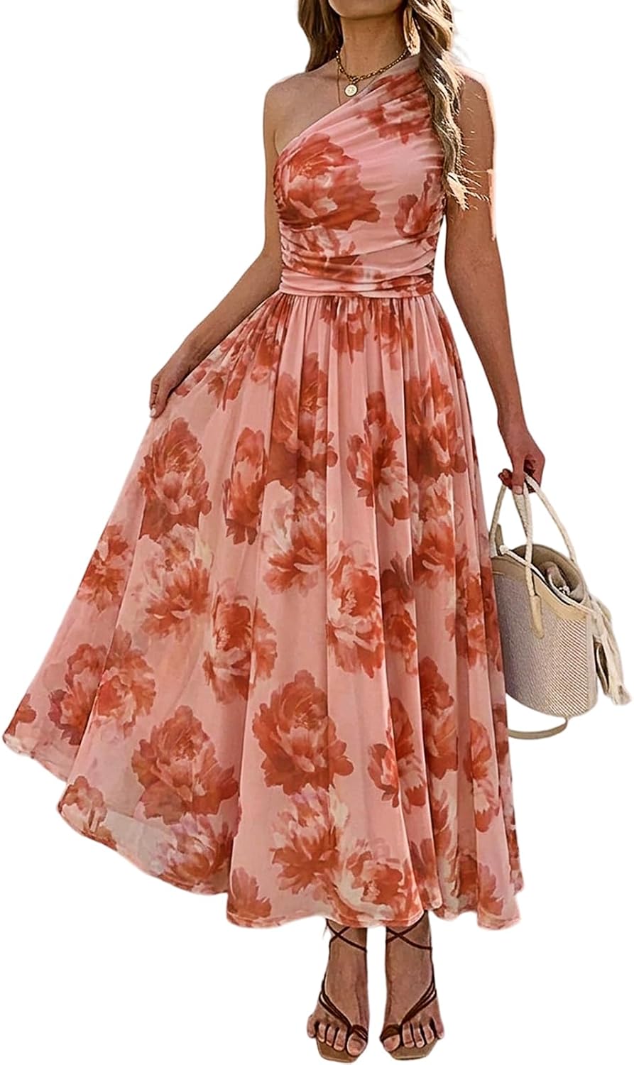 Evzeiem Women One Shoulder Floral Wedding Guest Maxi Dresses | Spring Summer Boho Beach Vacation Resort Dress,Flowy Party Garden Cruise Outfit Sundress, Ruched Mesh Night Out Formal Dress