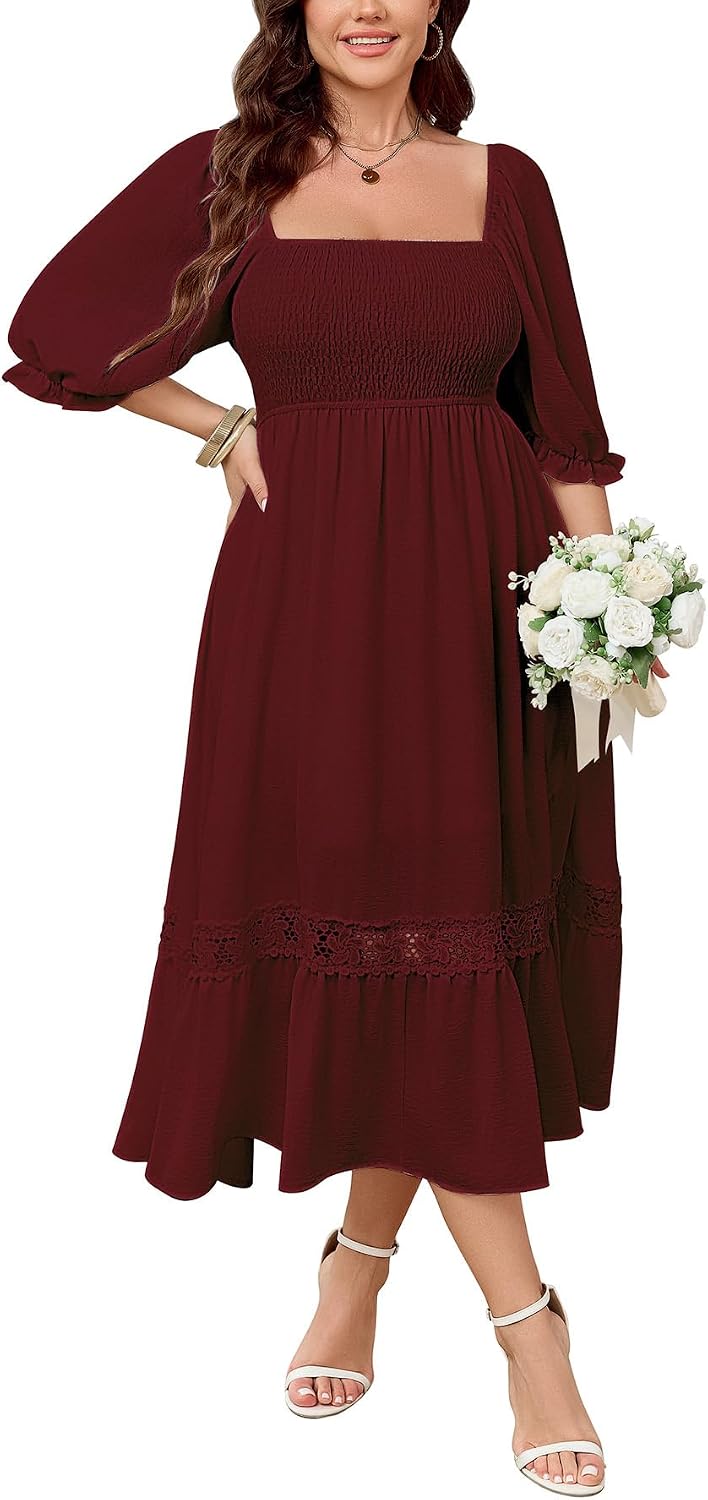 SCOMCHIC Womens 2026 Plus Size Fall Dresses White Bridal Shower Maxi Dress | Square Neck, Smocked, Spring, Flowy A-Line, Lace Trim, Boho, Wedding Guest, Tea Party Dress