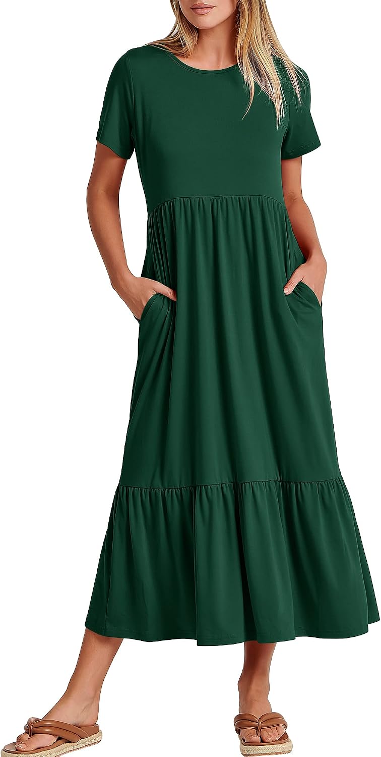ANRABESS Womens 2026 Summer Casual Short Sleeve Maxi Dress with Pockets | A-Line Tiered Flowy Crewneck T Shirt Dresses，Comfy Modest Long Dress，Beach Travel Vacation Sundress，Work Teacher Outfits