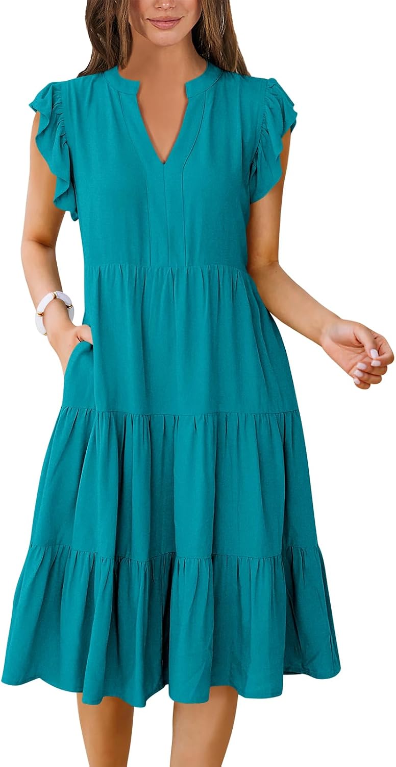 ANRABESS Womens Summer Dress Ruffle Sleeve V Neck Midi Dresses | Flowy Tiered Boho Beach Sundress, Casual Fit Knee Length, Fashion Vacation Work Outfits 2026