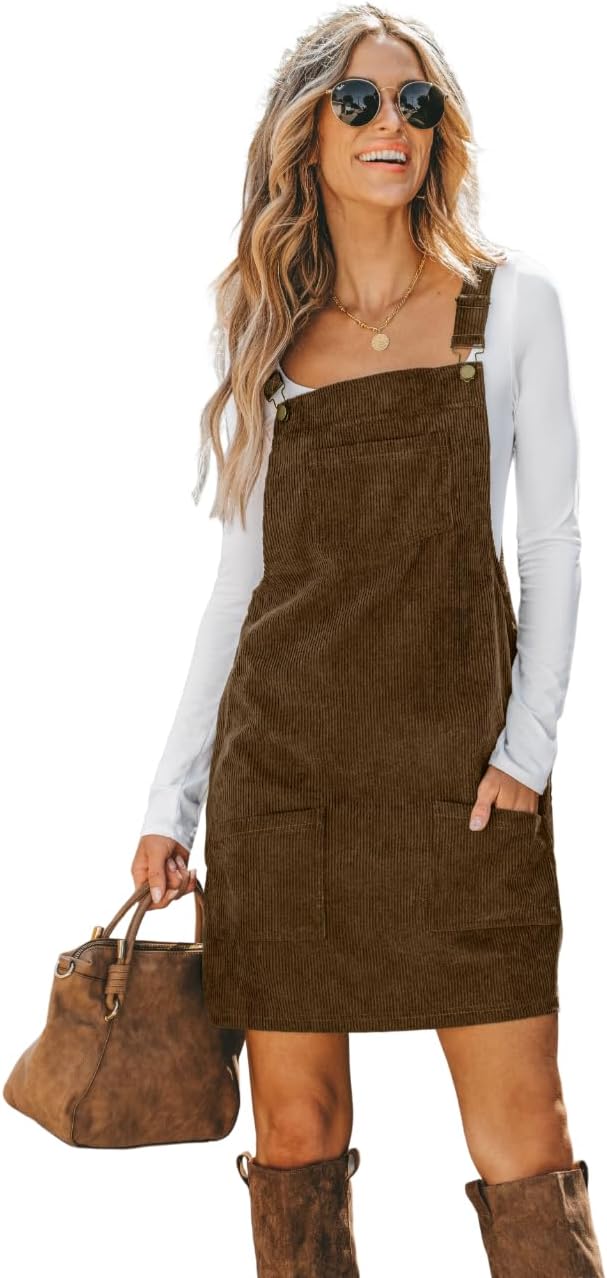 CUPSHE Women Corduroy Square Neck Wide Strap Fall Overall Mini Dress | Velvety Ribbed Texture, Front Bib Pocket, Utility Patch Pouches, High-Looped Buckle Fasteners, Casual Warm Autumn Outfits