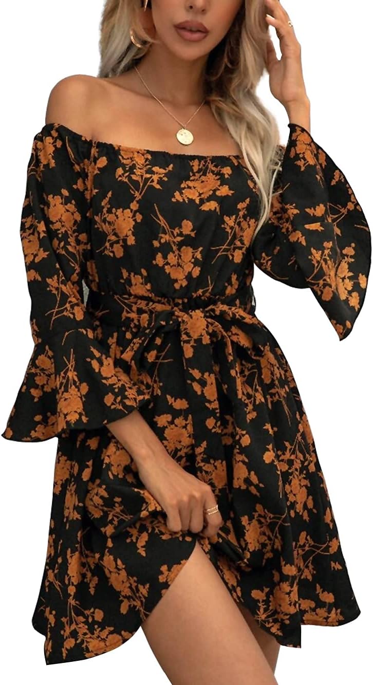 JECEIKA Fall Dress for Women, Off Shoulder Spring Dress for Wedding Guest | Ruffle Long Sleeves Fitted Bust Midi Dress,with Belt,for Mother's Day,Thanksgiving,Wedding Guest,Graduation,Valentine's Day
