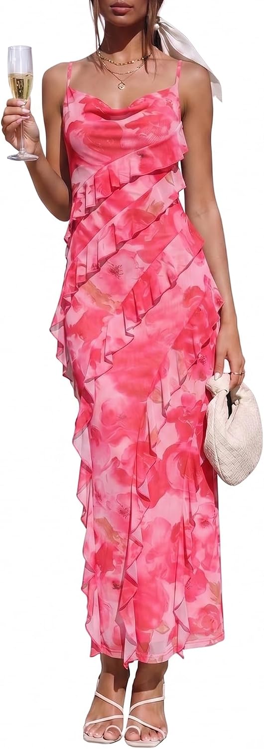 OULESIS Wedding Guest Dress for Women Ruffle Spaghetti Strap Formal Dresses | Summer Wedding Guest Dress for Women 2026 Spaghetti Strap Bodycon Maxi Dress Ruffle Formal Cocktail Dresses